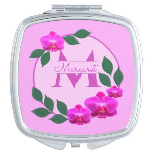 Pink floral vintage personalized name initial compact mirror