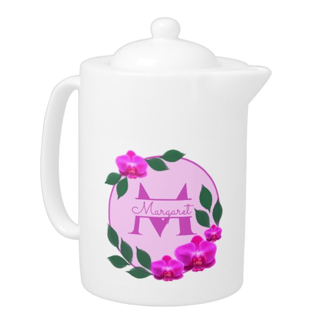 Pink floral vintage personalized name initial   teapot (Left)