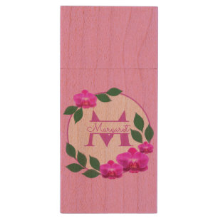 Pink floral vintage personalized name initial wood flash drive