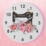 Pink Floral Vintage Sewing Machine Monogram Large Clock at Zazzle