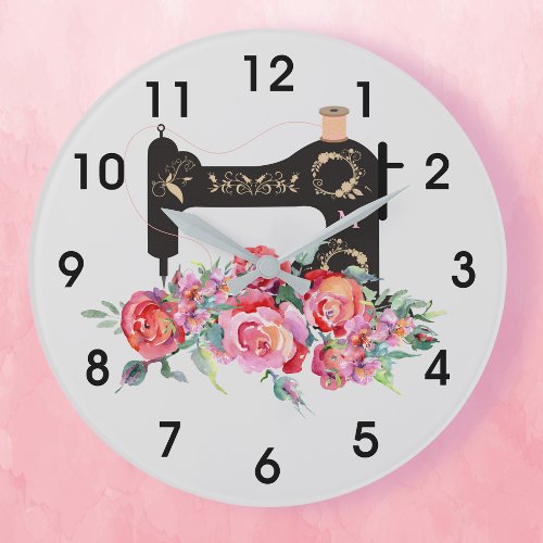 Pink Floral Vintage Sewing Machine Monogram Large Clock