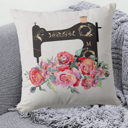 Pink Floral Vintage Sewing Machine Monogram Throw Pillow