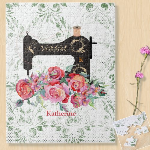 Pink Floral Vintage Sewing Machine Personalized Ji Jigsaw Puzzle