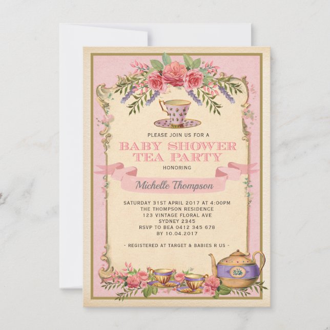 Pink Floral Vintage Tea Party Invite Shabby Chic (Front)
