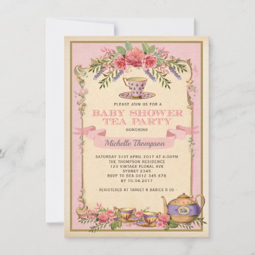 Pink Floral Vintage Tea Party Invite Shabby Chic