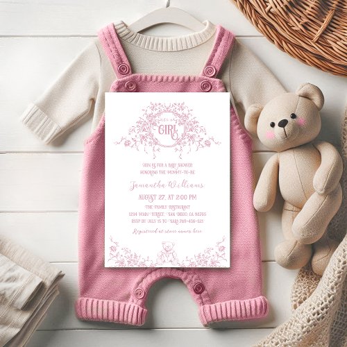 Pink Floral Vintage Teddy Bear Baby Girl Shower Invitation