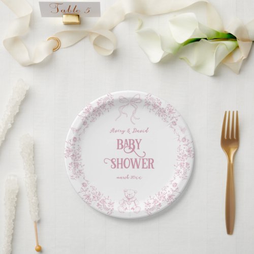 Pink Floral Vintage Teddy Bear Baby Shower Paper Plates