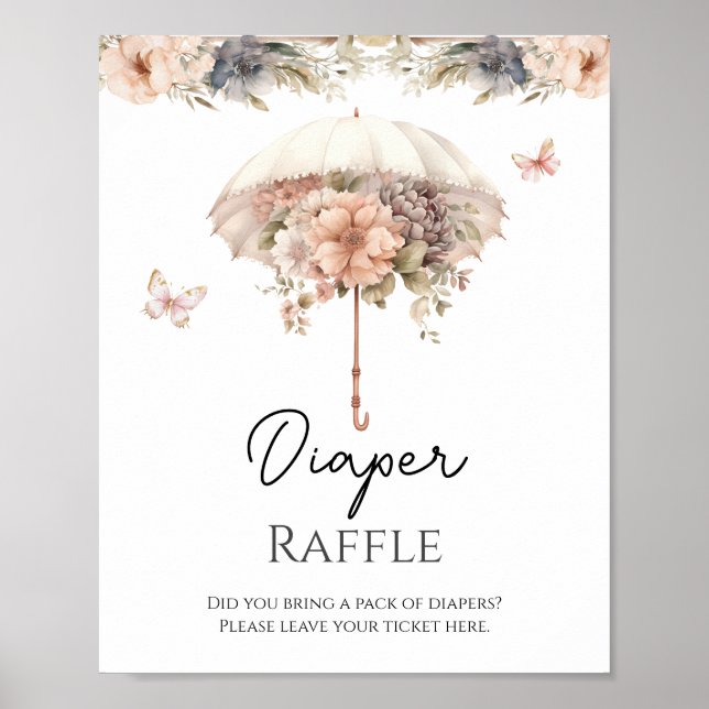 Pink Floral Vintage Umbrella Diaper Raffle  Poster (Front)