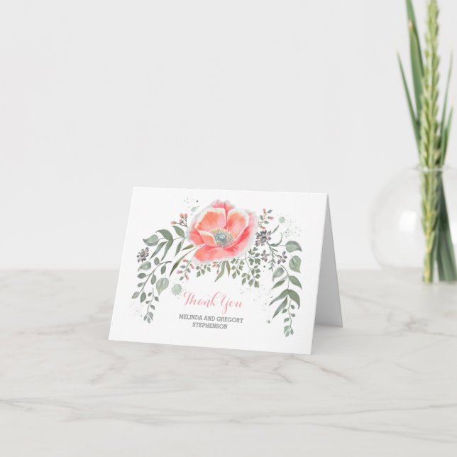 Pink Floral Vintage Wedding Thank You Card (Front)