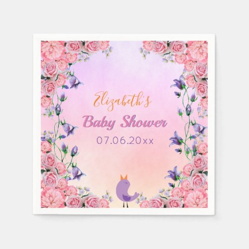 Pink floral violet garden florals girl baby shower napkins