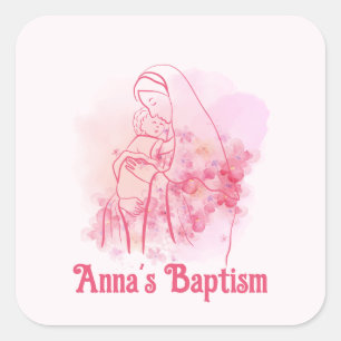 Pink Floral Virgin Mary Jesus Custom Baptism Square Sticker