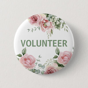 Pink Floral Volunteer Button