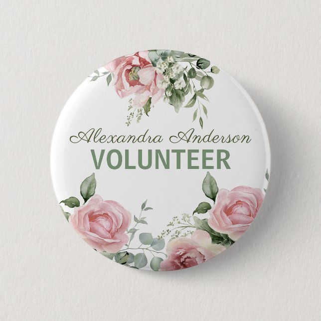 Pink Floral Volunteer  Button (Front)