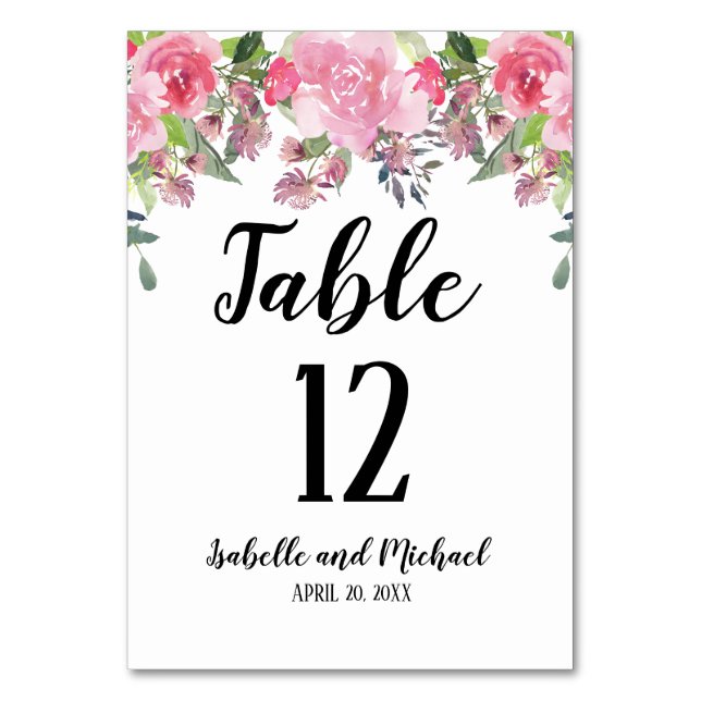 Pink Floral Water Color Wedding Table Number Card (Front)