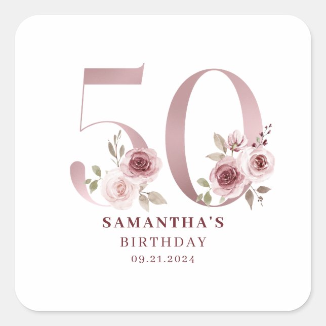 Pink Floral Watercolor 50th Birthday  Square Sticker (Front)