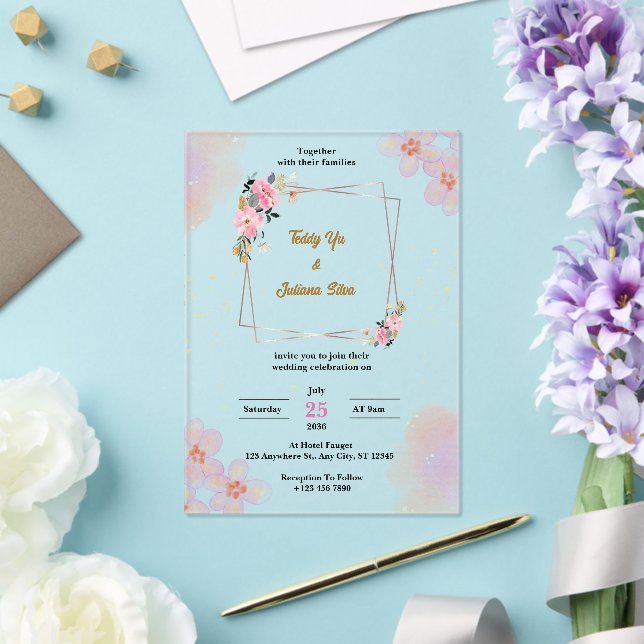Pink Floral Watercolor acrylic wedding Invitations (Insitu (Wedding))