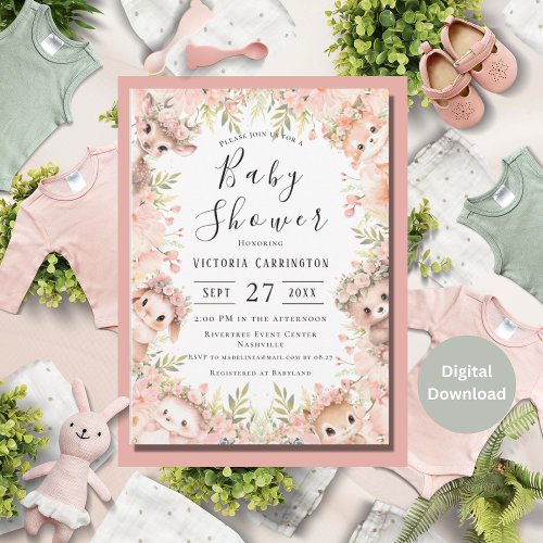 Pink Floral Watercolor Animals Baby Shower Invitation