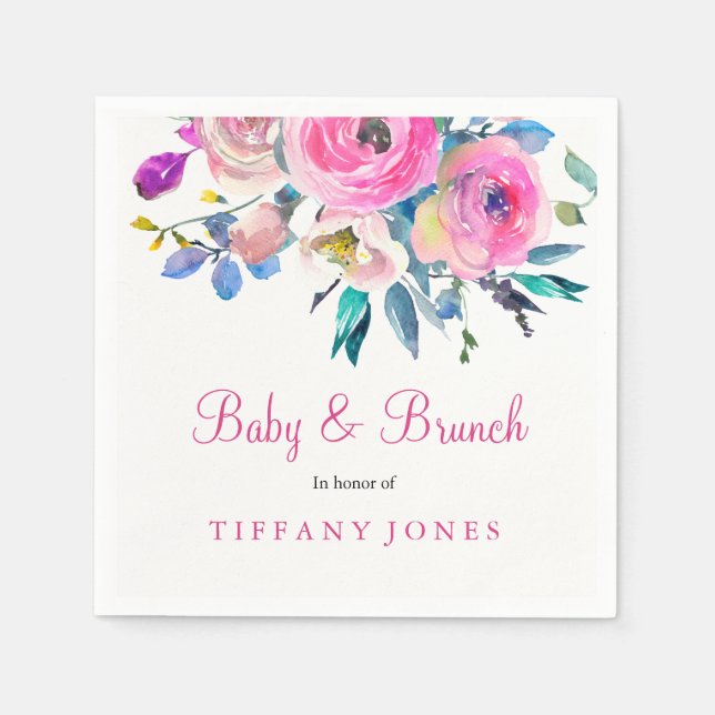 Pink Floral Watercolor Baby & Brunch Napkin (Front)