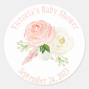 Pink Floral Watercolor Baby Girl Name  Classic Round Sticker