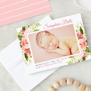 Pink Floral Watercolor Baby Girl Photo Birth Announcement