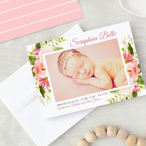 Pink Floral Watercolor Baby Girl Photo Birth Announcement