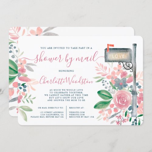 Pink  floral watercolor baby shower by mail box invitation