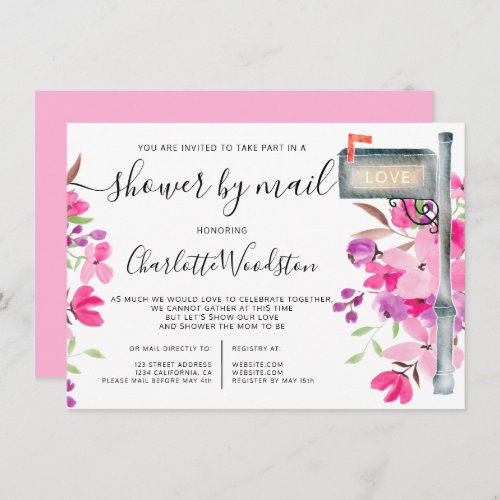 Pink floral watercolor baby shower by mail box invitation