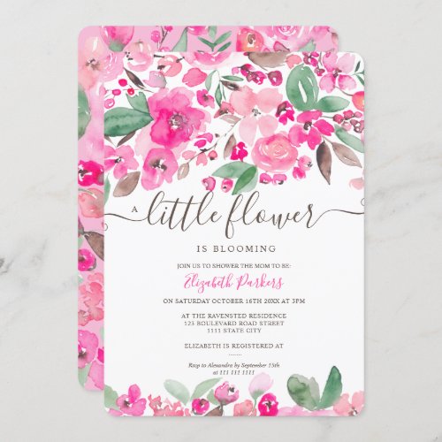 Pink floral watercolor baby shower invitation