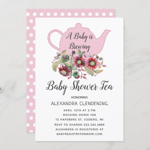 Pink Floral Watercolor Baby Shower Tea Party Invitation