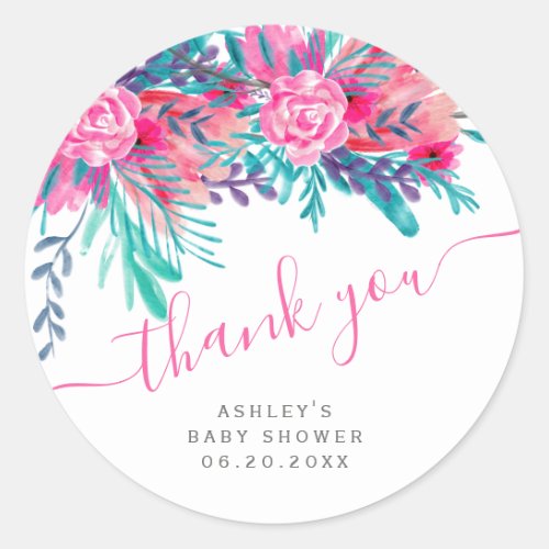Pink floral watercolor baby shower thank you classic round sticker