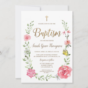 Pink Floral Watercolor Baptism Gold Cross Script Invitation