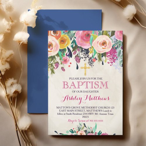 Pink Floral Watercolor Baptism Invitation