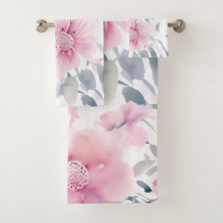 Pink Floral Watercolor Bath Towel Set