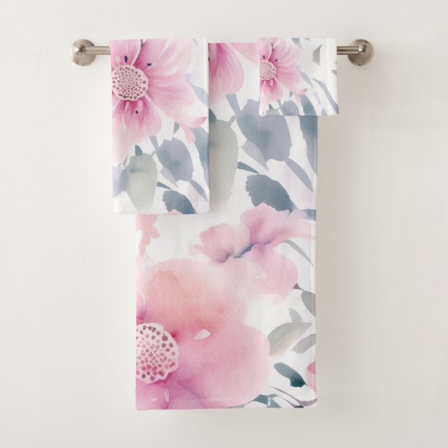 Pink Floral Watercolor  Bath Towel Set (Insitu)
