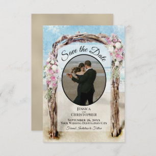 Pink Floral Watercolor Beach Arbor & Photo Wedding Save The Date
