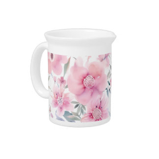 Pink Floral Watercolor Beverage Pitcher