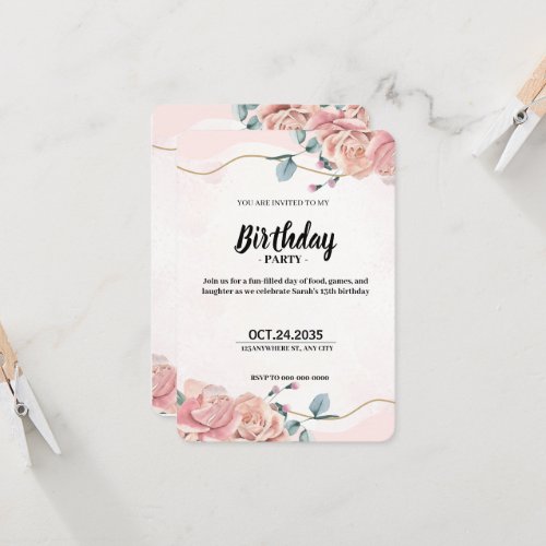 Pink floral  watercolor birthday party invitation
