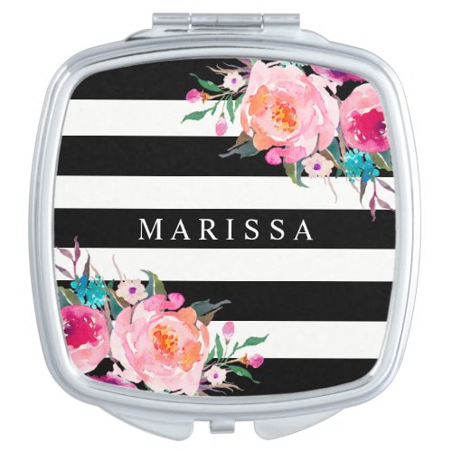 Pink Floral Watercolor Black White Compact Mirror