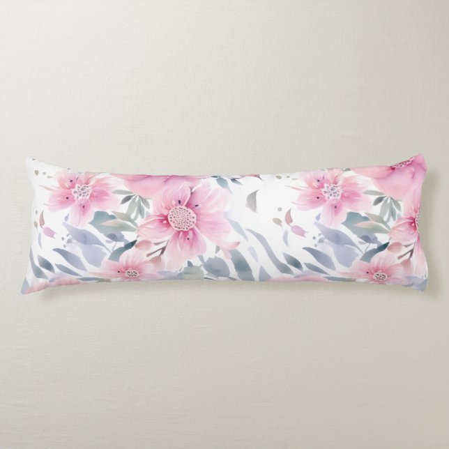Pink Floral Watercolor  Body Pillow (Front)