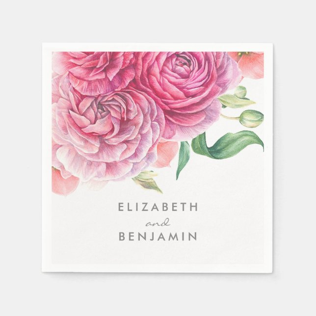 Pink Floral Watercolor Botanical Elegant Wedding Napkins (Front)