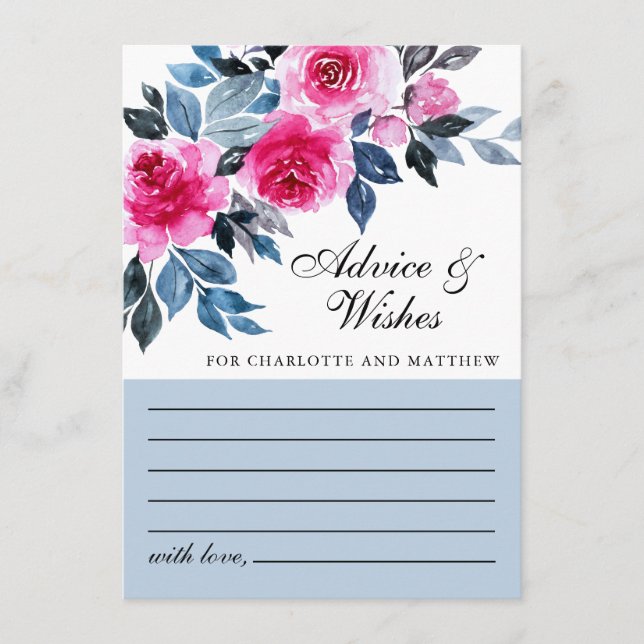 Pink Floral Watercolor Botanical Wedding Advice Card (Front)