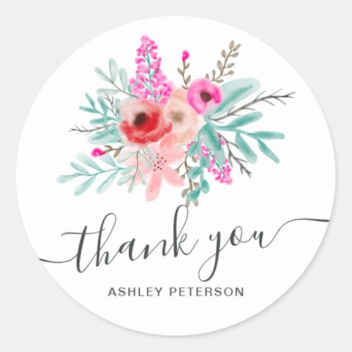 Pink floral watercolor bouquet trendy Thank you Classic Round Sticker
