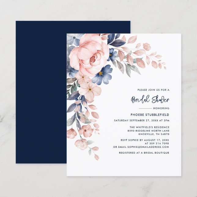 Pink Floral Watercolor Bridal Shower Invitation (Front/Back)