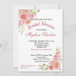 Pink Floral Watercolor Bridal Shower Invitations