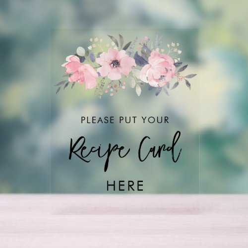 Pink Floral Watercolor Bridal Shower Recipe Acrylic Sign