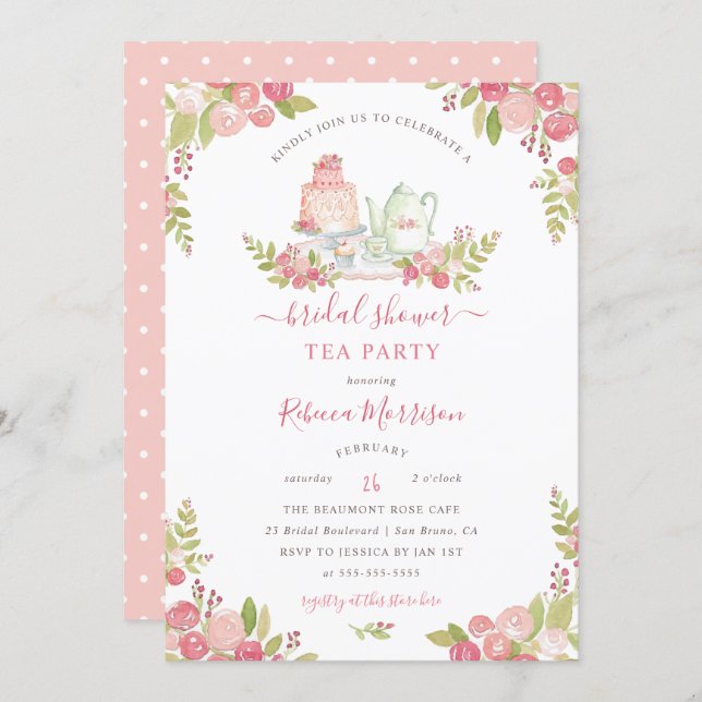 Pink Floral Watercolor Bridal Shower Tea Party Invitation (Front/Back)