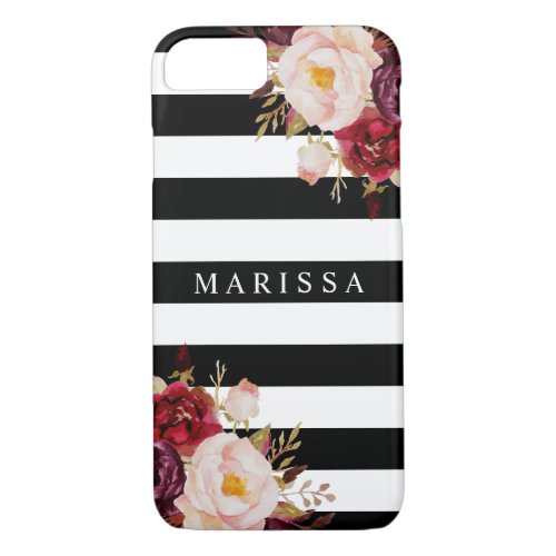 Pink Floral Watercolor Burgundy Marsala Stripe iPhone 87 Case