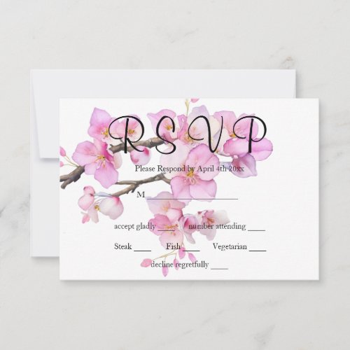 Pink floral watercolor cherry blossoms calligraphy RSVP card