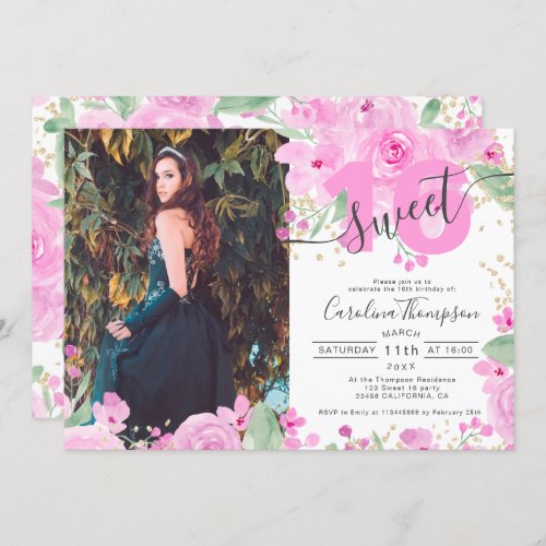 Pink floral watercolor chic glitter photo Sweet 16 Invitation