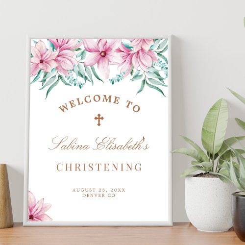 Pink floral watercolor Christening welcome sign